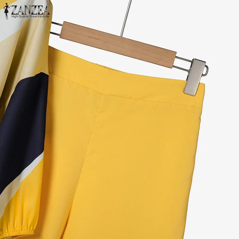 Stylish model wearing the ZANZEA women's summer pant set, displaying the flattering loose fit and trendy high waist of the ankle-length wide leg trousers, ideal for upscale summer outings.