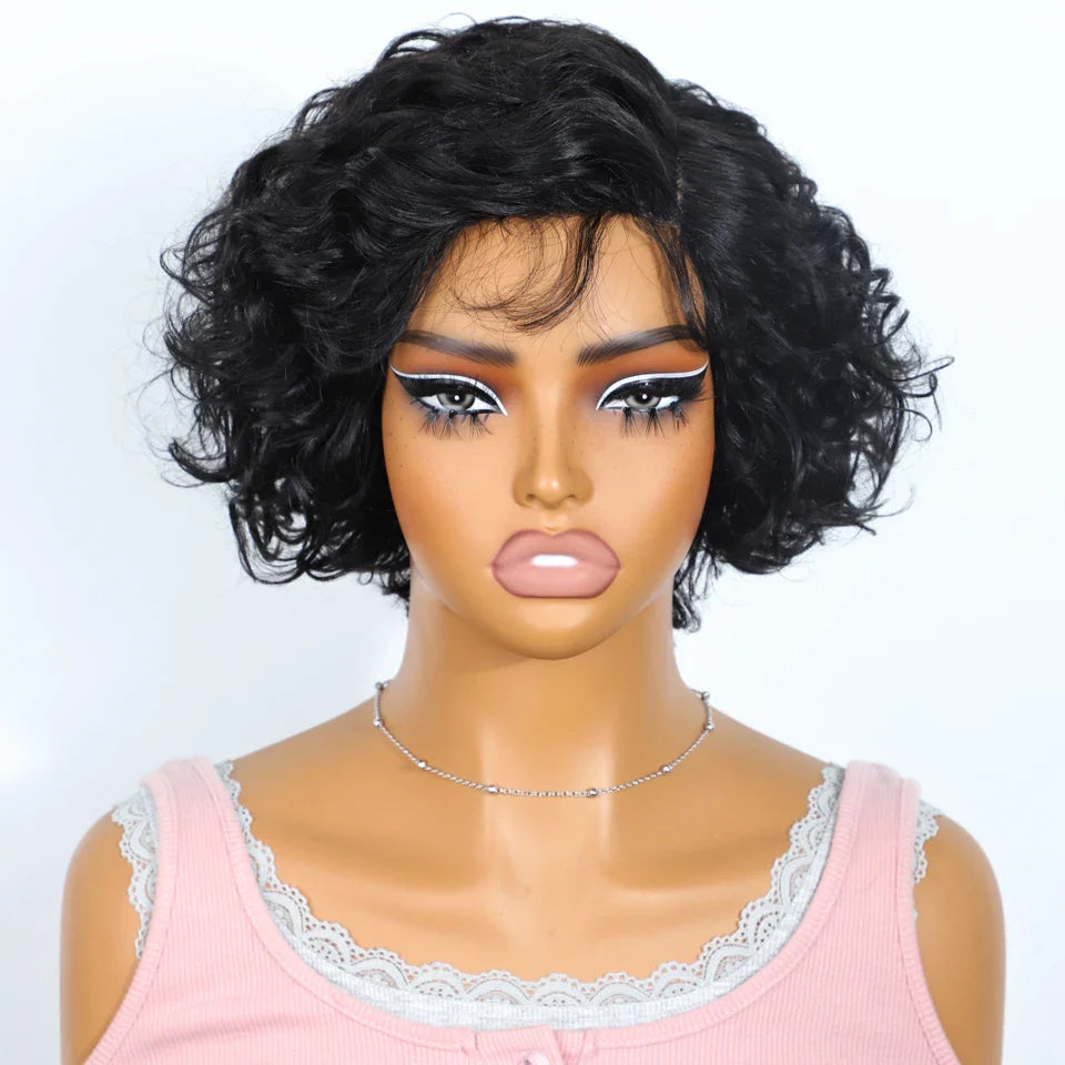 Luxurious short pixie cut body wave human hair wig with lace front, made from 100% Brazilian Remy hair, displayed elegantly to showcase its soft wavy texture and maintenance-free design, perfect for stylish women seeking a high-quality wig.