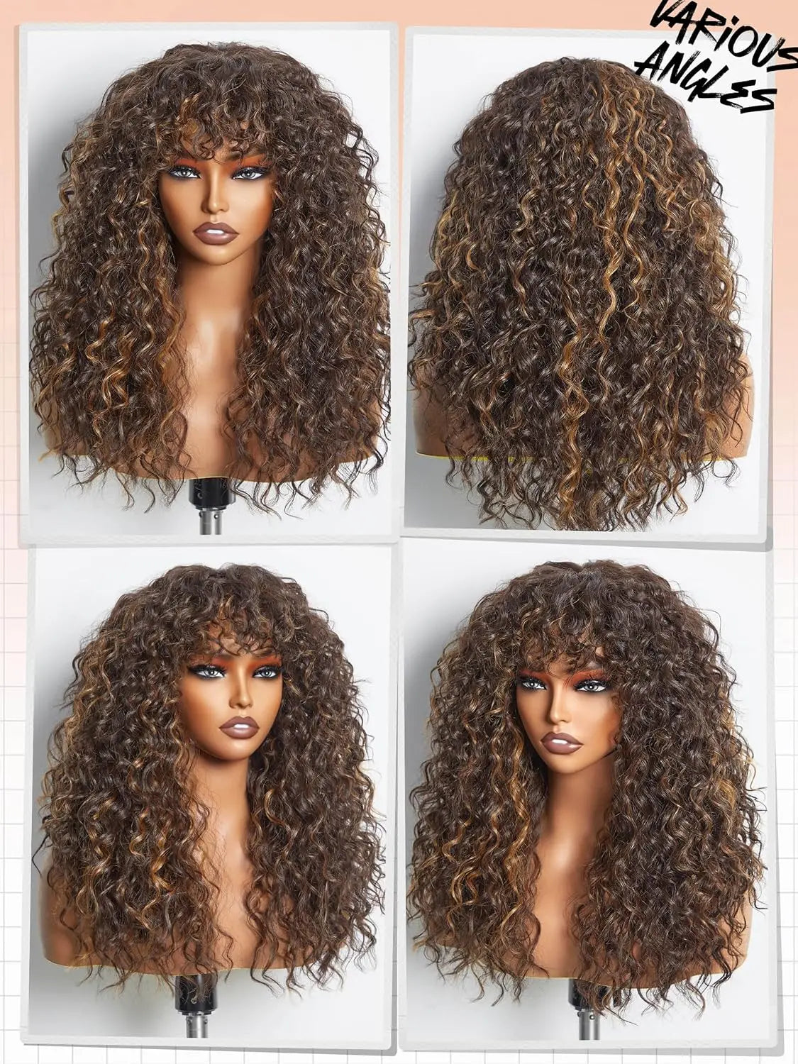 100% Remy Human Hair Water Wave Wig featuring luxurious brown black highlights and soft bangs, perfect for elegant hairstyles.