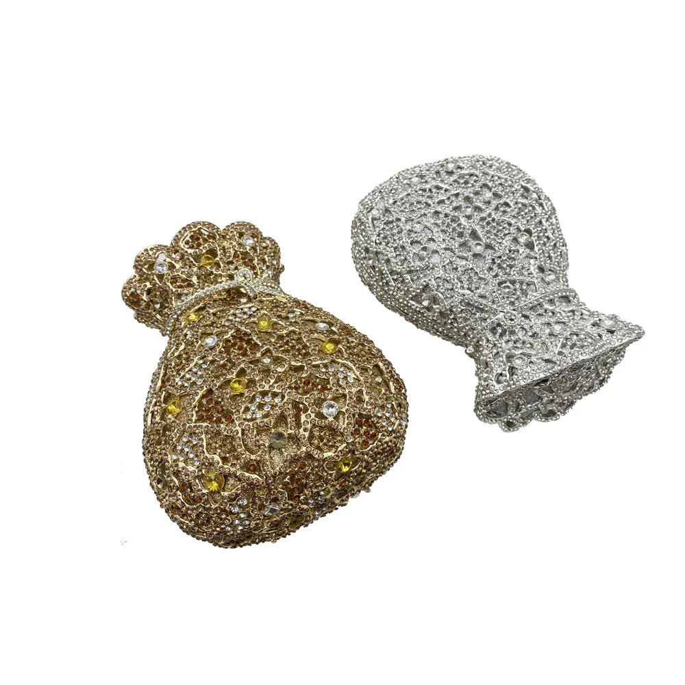 Close-up view of a luxury crystal clutch evening bag, highlighting exquisite detailing and premium synthetic leather lining, ideal for elegant night outs.