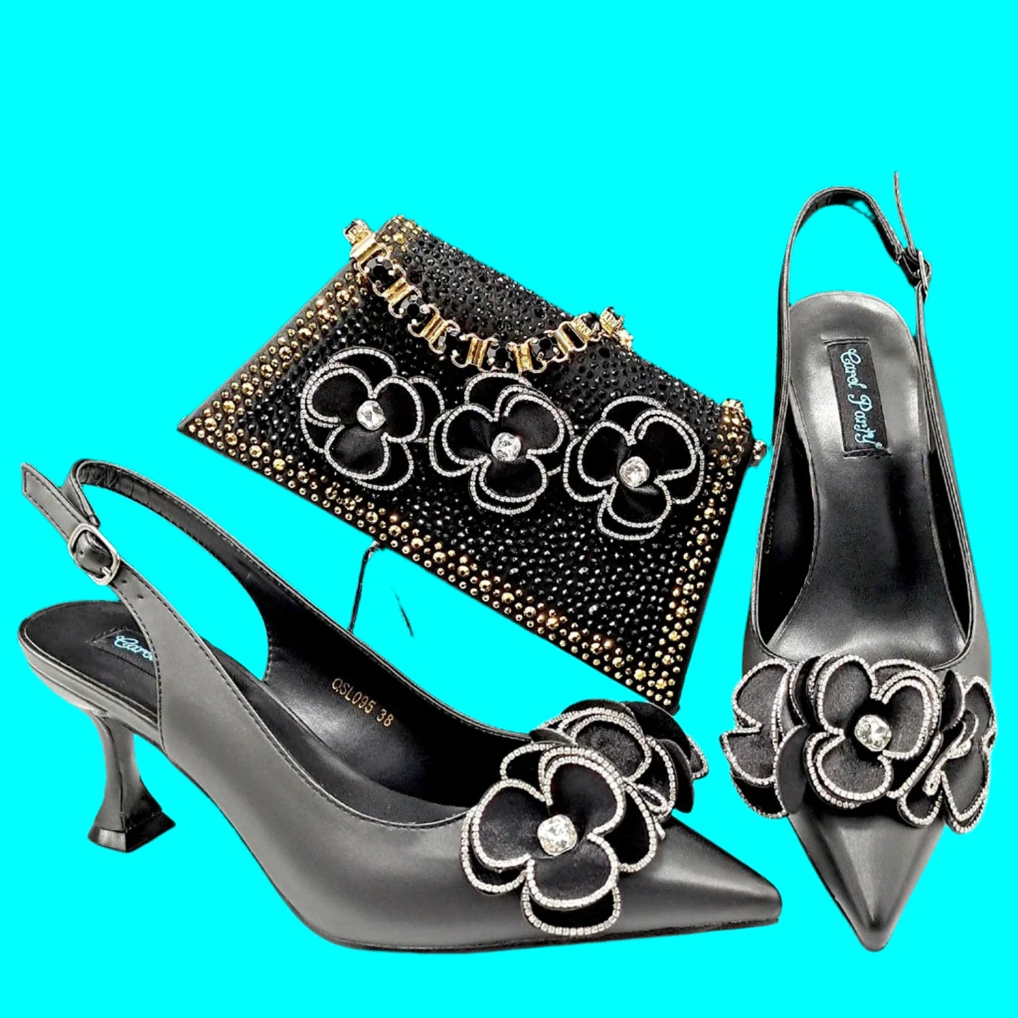 Elegant rhinestone flower wedding party shoes set for women in coffee colour, offering exquisite style and comfort, ideal for special occasions.