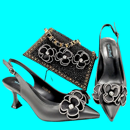 Elegant rhinestone flower wedding party shoes set for women in coffee colour, offering exquisite style and comfort, ideal for special occasions.