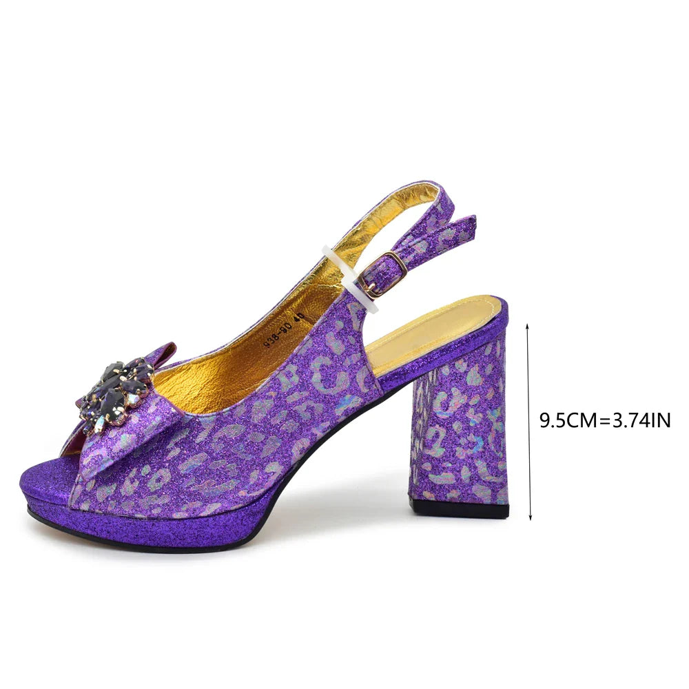 Dazzling close-up of purple peep toe women's sandals featuring intricate butterfly-knot detail, highlighting the luxurious materials and elegant design for upscale events.