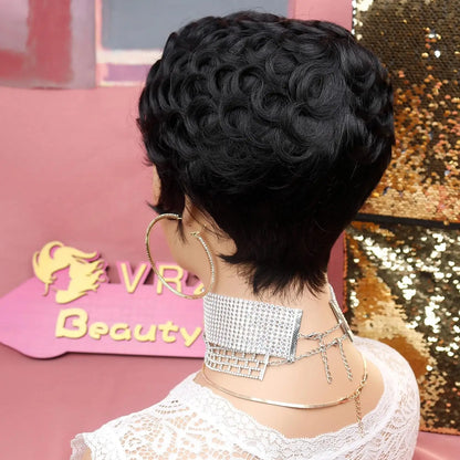 Luxurious short curly pixie wig for women made of high temperature fibre, showcasing a voluminous 180% density, offering elegance and comfort for daily wear.
