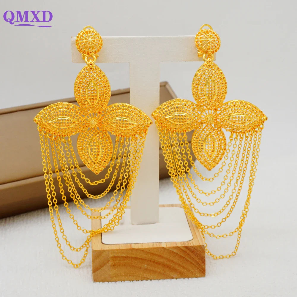 Trendy Bohemian metal earrings with luxurious golden finish, showcasing intricate craftsmanship, ideal for enhancing bridal looks.