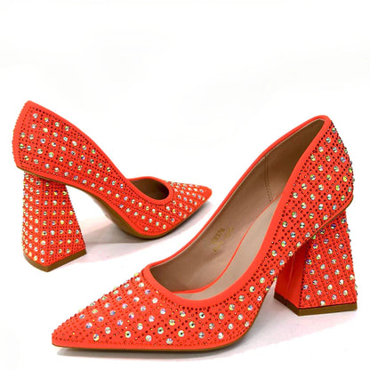 Close-up detail of Venus Chan yellow rhinestone heel party shoes, highlighting the exquisite bling and pointed toe design.