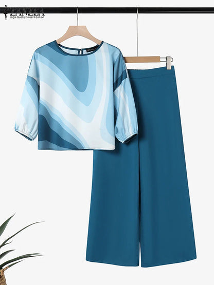 ZANZEA luxury 2-piece summer pant set for women featuring a chic 3/4 sleeve printed blouse and stylish ankle-length wide leg trousers, perfect for casual elegance.