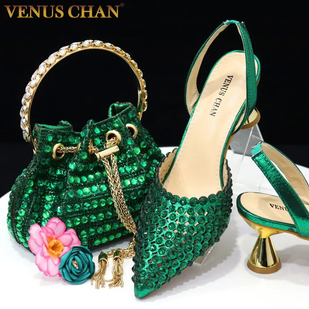 Elegant Venus Chan green diamond pointed toe high heels designed for women, featuring spike heels and a high heel height of 6.5 cm, perfect for parties and special occasions.