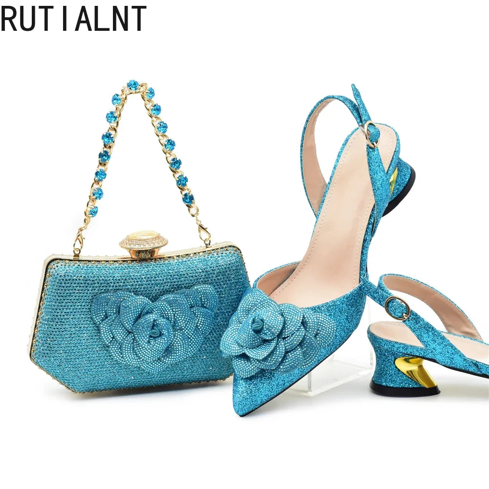 Elegant ladies rhinestone shoe and handbag set in silver, perfect for parties and weddings, showcasing luxurious high-heeled pumps and matching clutch.