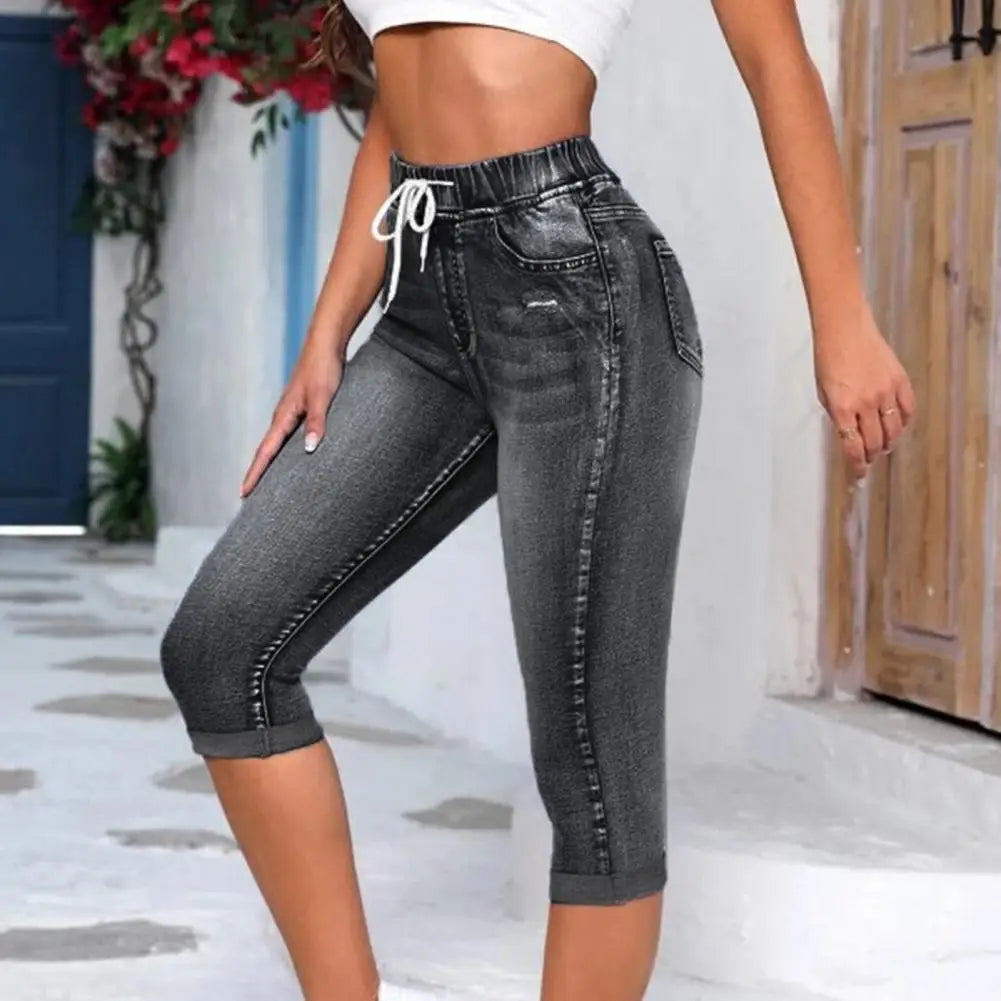 Stylish women's capris with a high waist and pencil pant silhouette, crafted from premium polyester for a luxurious finish.