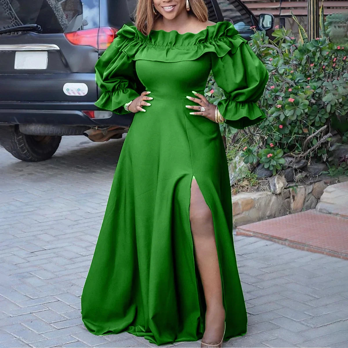 Stylishly designed plus size long dress featuring a slash neck and medium stretch for a comfortable fit, the ideal garment for elegant summer weddings and parties.