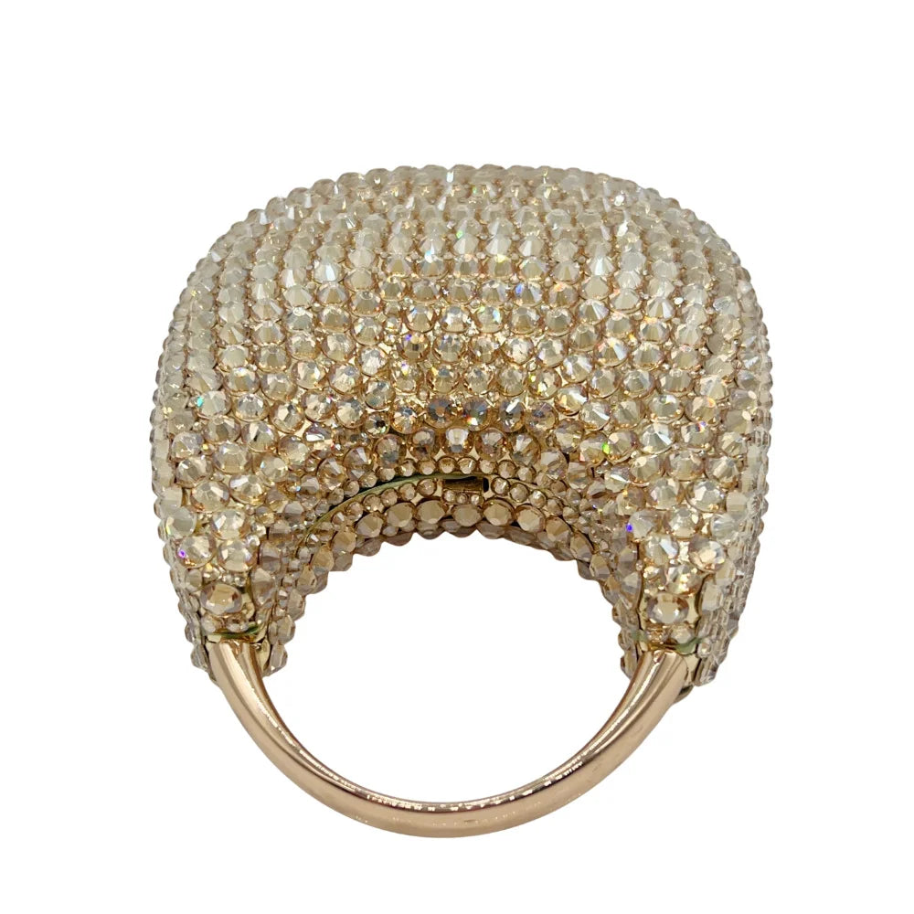 Elegant women's minaudiere evening clutch bag embellished with crystal diamonds and a luxurious metallic finish, perfect for glamorous evening events.