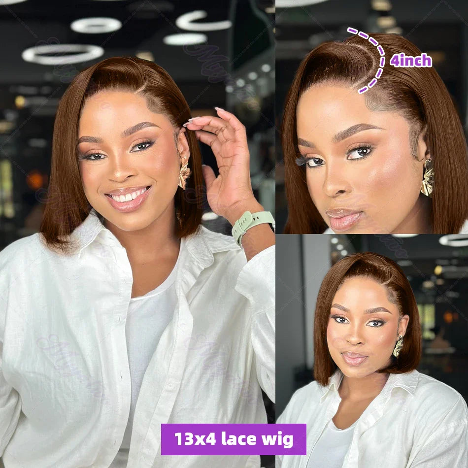 Exquisite Chocolate Brown 250 Density Brazilian Short Bob Wig with HD Transparent Lace Frontal, ideal for a flawless and luxurious appearance.