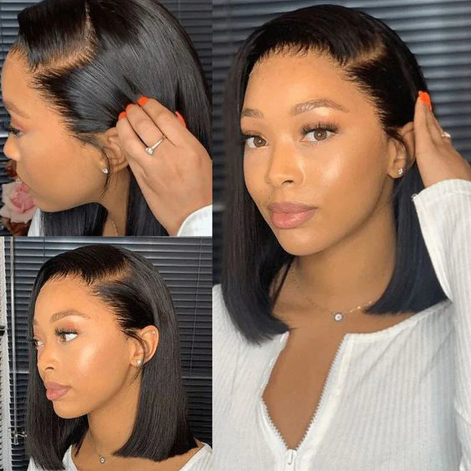 Luxury Brazilian human hair short bob wig with transparent lace front, showcasing sleek straight texture and pre-plucked hairline.