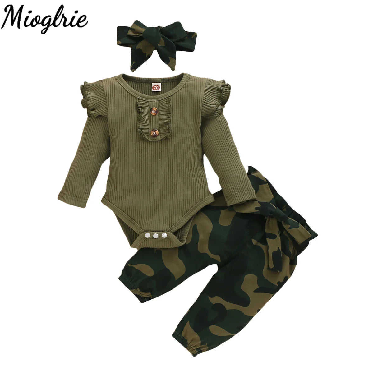 Luxury camouflage baby clothes set for boys and girls, featuring a stylish 3-piece knitted outfit suitable for newborns to 12 months.
