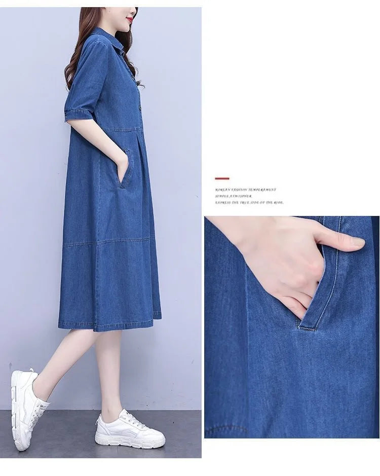 Close-up of the square collar and short sleeves of the 5XL oversized denim dress, epitomising chic summer elegance for women.