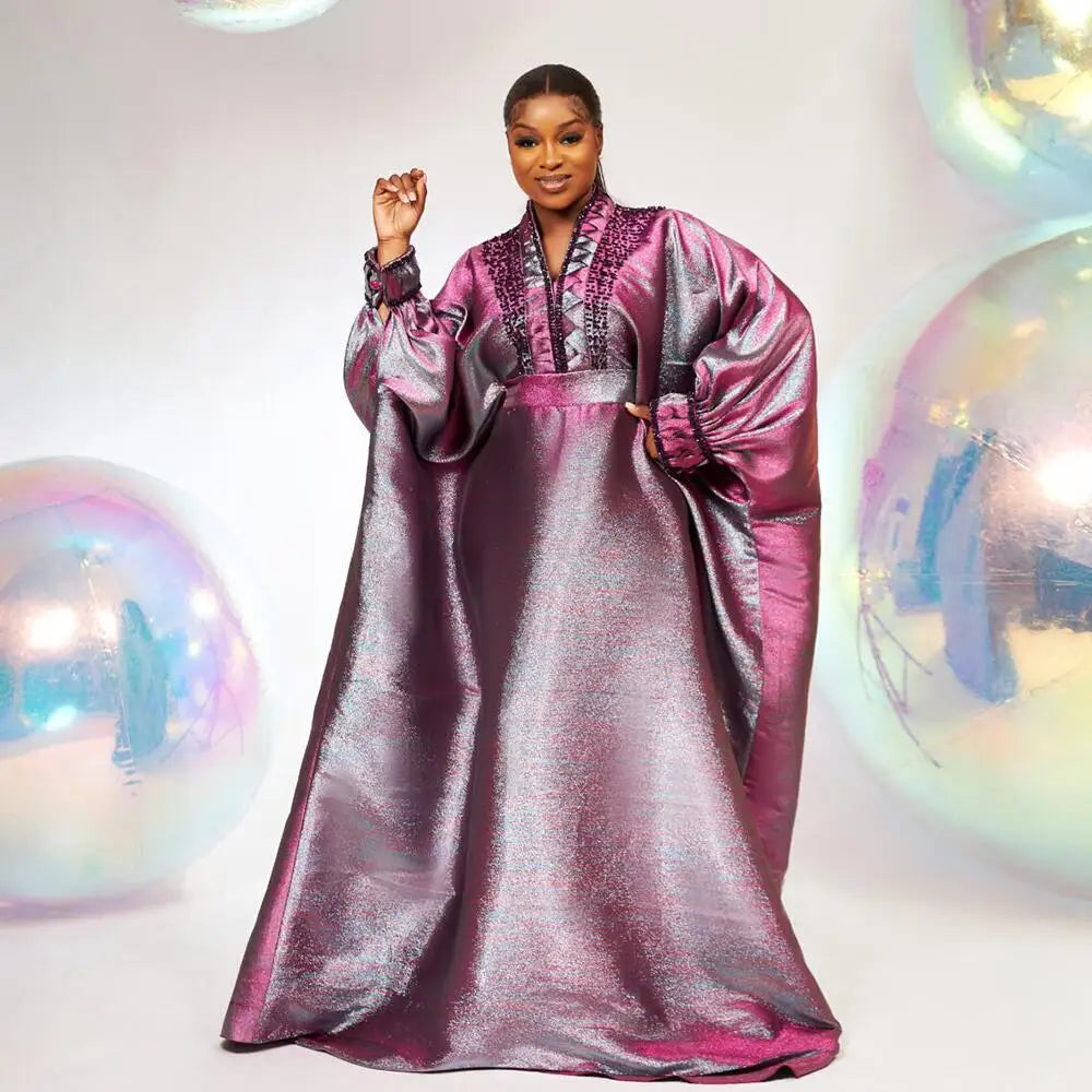 Luxury elegant V-neck rhinestone turkey dress for women, showcasing intricate design and high-quality materials, perfect for African church ceremonies and special occasions.