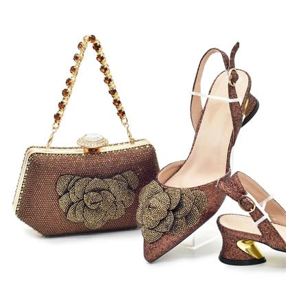 Luxurious women's matching bag and shoe set adorned with rhinestones, ideal for special occasions like weddings and parties.