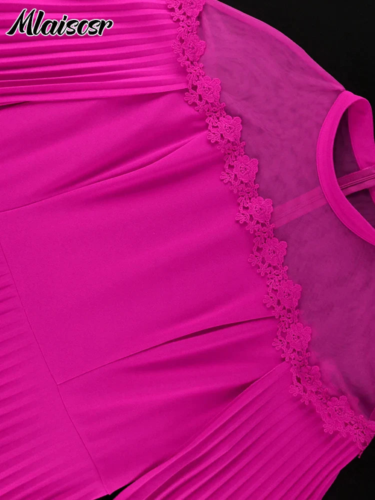 Mlaiscsr women's luxury A-line evening dress featuring pleated mesh patchwork and elegant cloak sleeves.