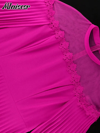Mlaiscsr women's luxury A-line evening dress featuring pleated mesh patchwork and elegant cloak sleeves.