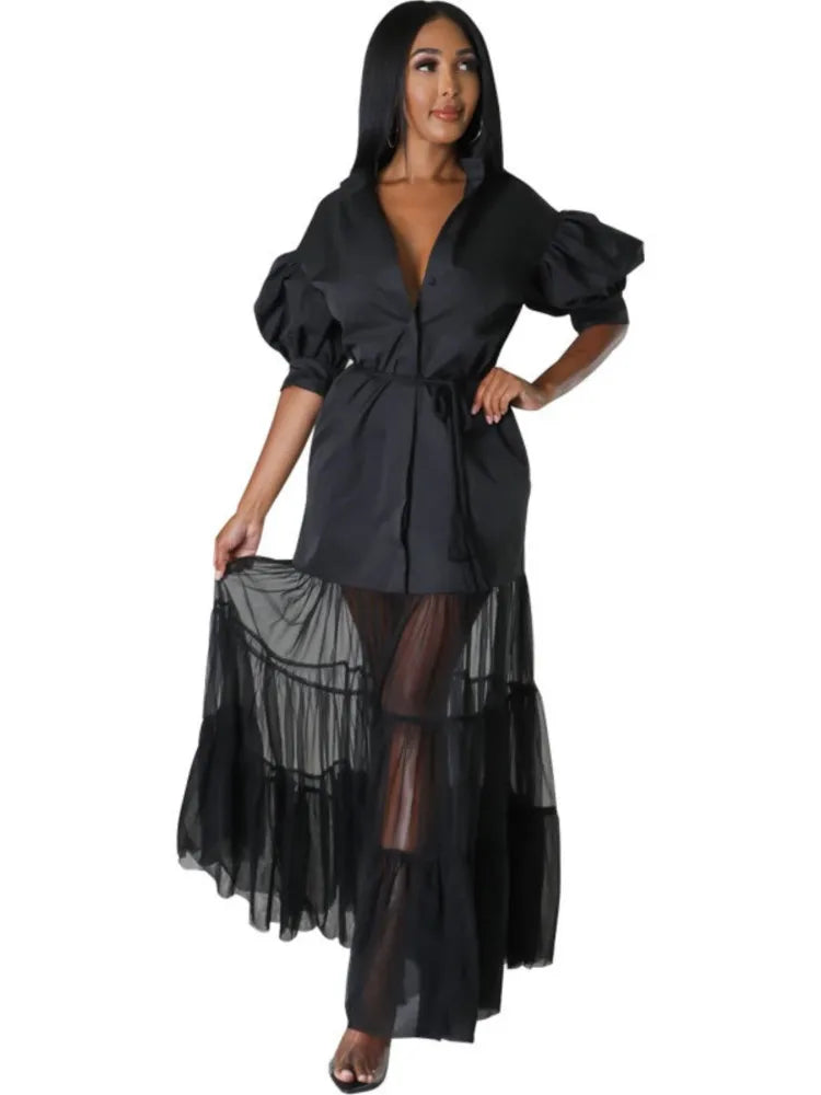 Elegant women's ankle-length white lace shirt dress featuring a sophisticated lace-up detail and a practical pocket, ideal for both office and casual wear.