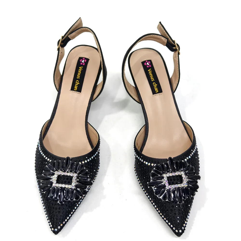 Close-up view of luxurious pointed toe pumps for women, featuring a glamorous bling design ideal for celebrations.