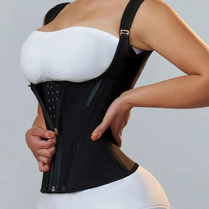 Detailed view of the luxury latex waist cincher's zipper and button closure, embodying sophistication and functionality.