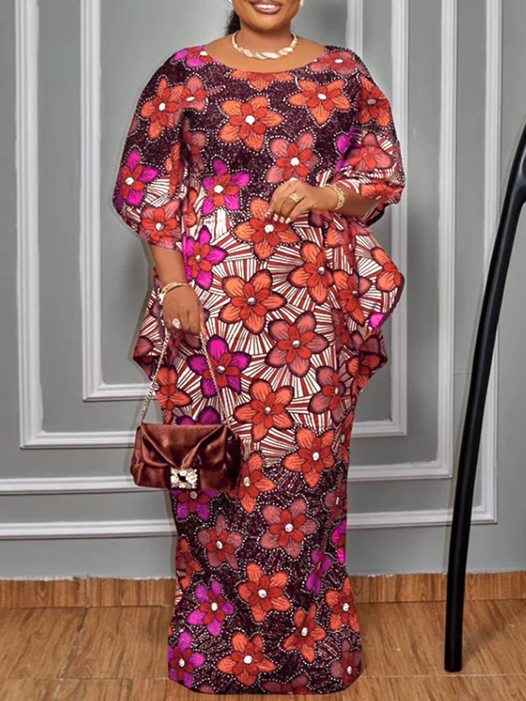 Chic ankle-length women's dress in bohemian style, crafted for plus size figures with comfortable batwing sleeves.