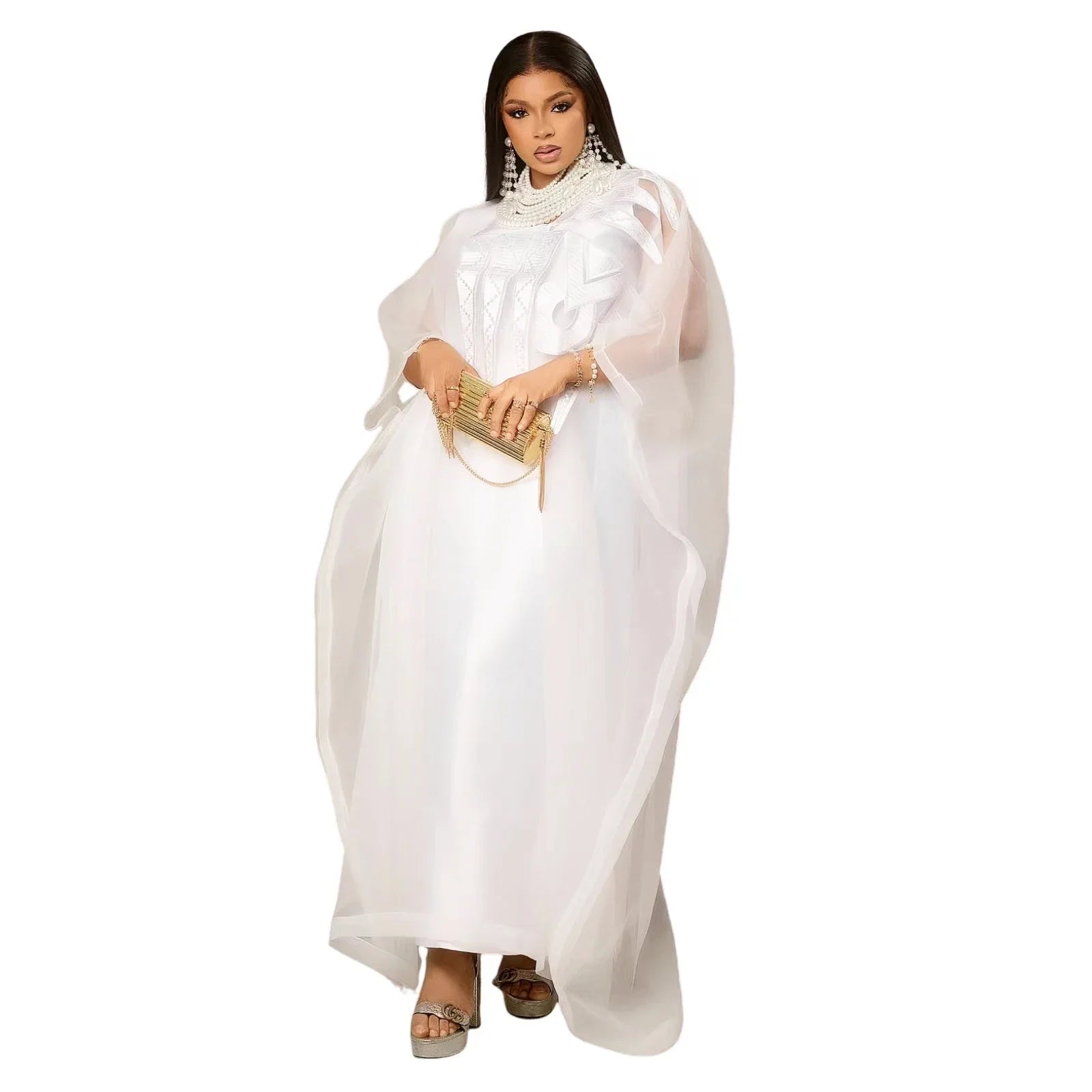 Embroidered plus size white abaya dress complemented with a matching headpiece, perfect for traditional events and luxe wardrobe essentials.