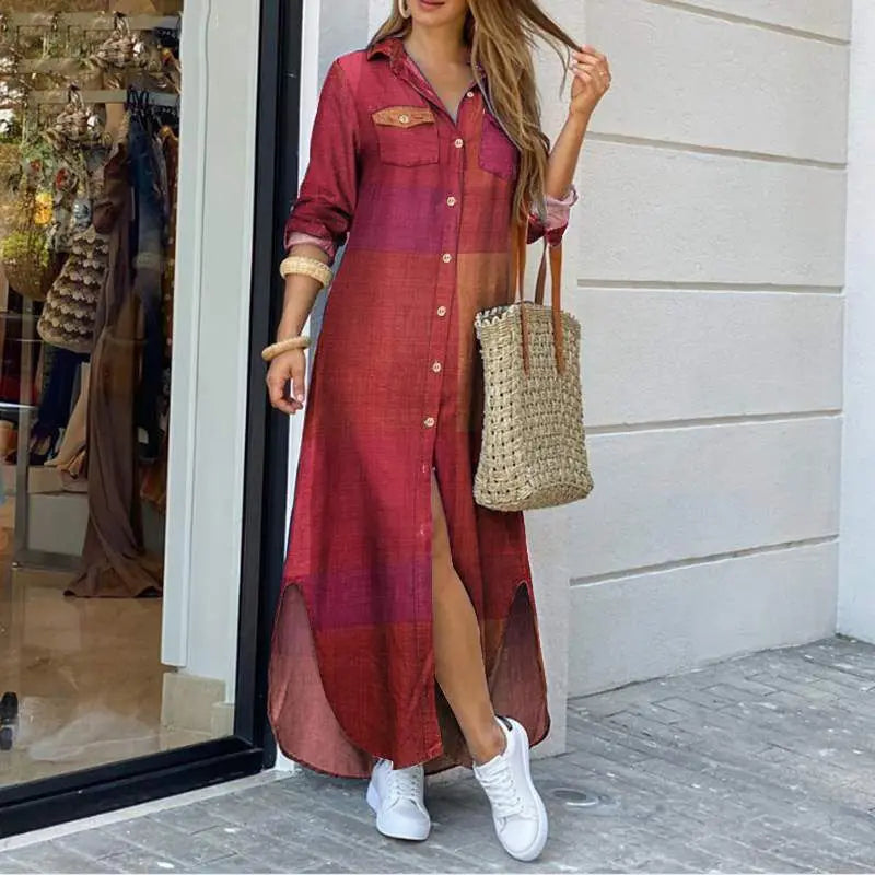 Elegant plaid pattern and comfortable loose fit of this maxi dress make it a perfect wardrobe choice for middle-aged women.