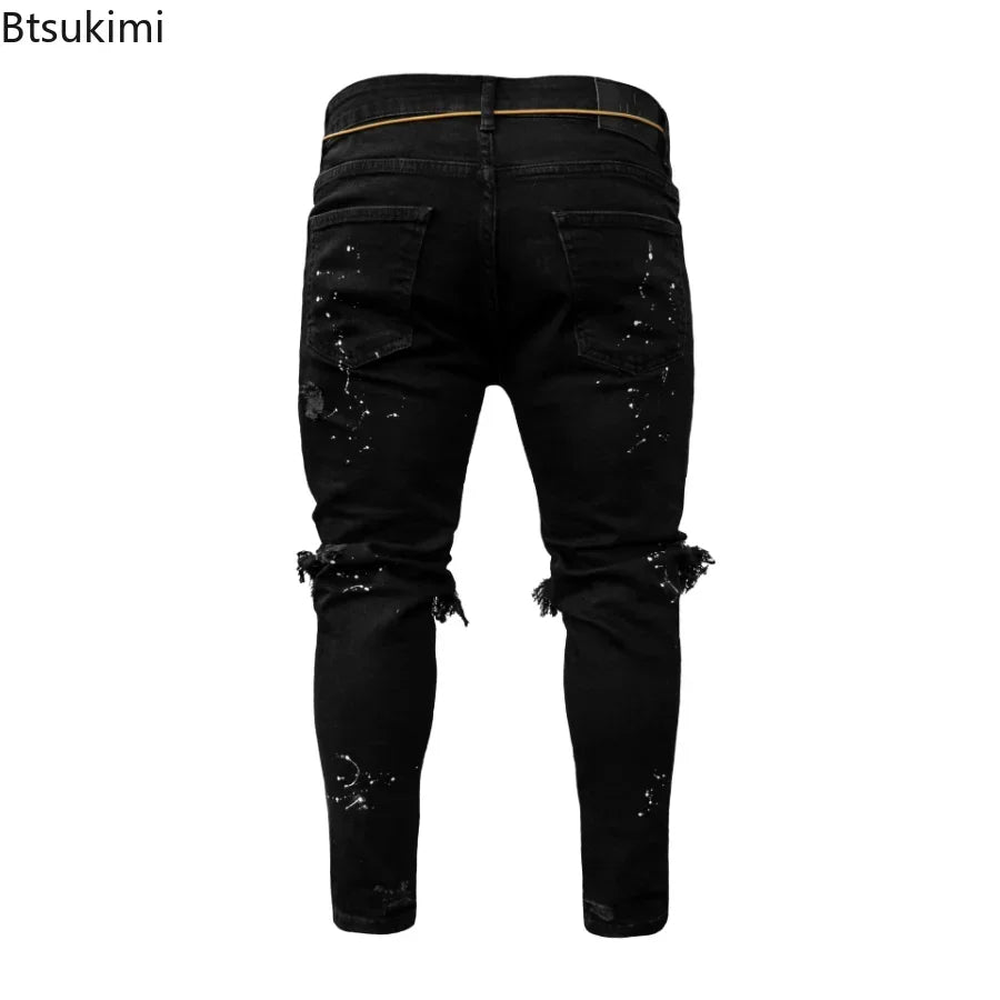 Luxury Ripped Hole Jeans for Men, featuring a distressed design for a fashionable hip hop look, perfect for casual outings.