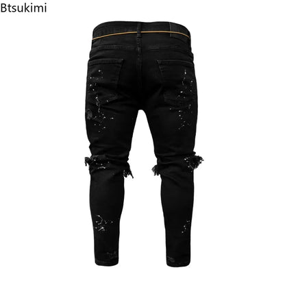 Luxury Ripped Hole Jeans for Men, featuring a distressed design for a fashionable hip hop look, perfect for casual outings.