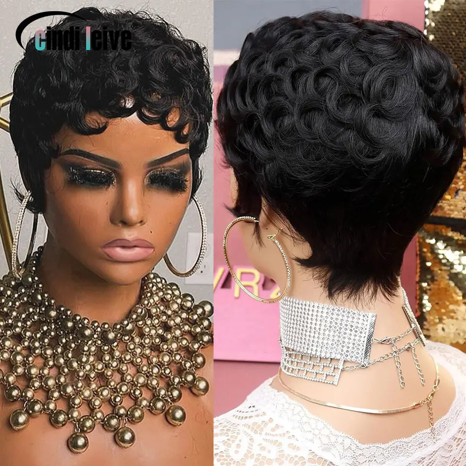 Stylish presentation of the short pixie cut wig, highlighting its wet and wavy texture, perfect for luxurious hairstyles.