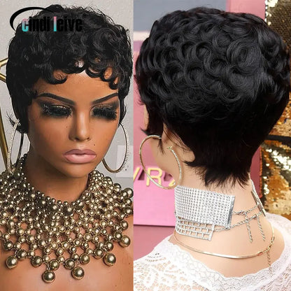 Stylish presentation of the short pixie cut wig, highlighting its wet and wavy texture, perfect for luxurious hairstyles.