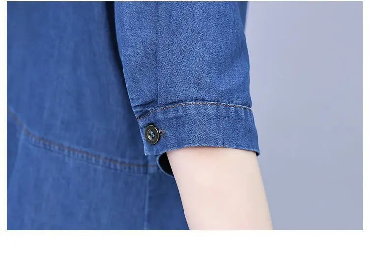 Elegant knee-length A-line denim dress in 5XL size, designed with a square collar and pockets, perfect for luxurious summer casual wear.