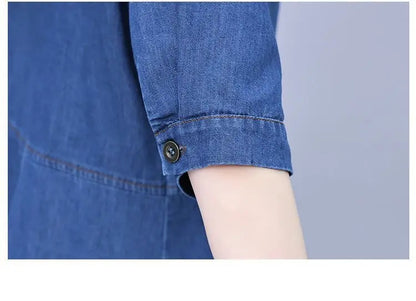 Elegant knee-length A-line denim dress in 5XL size, designed with a square collar and pockets, perfect for luxurious summer casual wear.