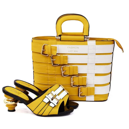 Elegantly arranged Nigerian women's shoe and bag set highlighting the exquisite round toe design of the pumps, ideal for fashion-conscious women.