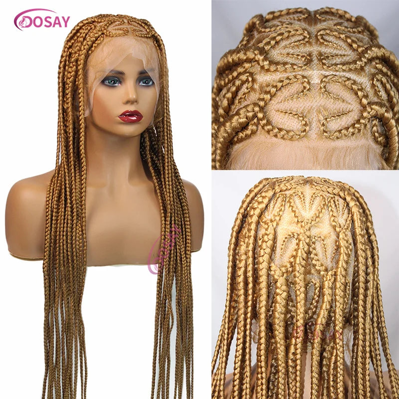 Close-up of the intricate cornrow style on a premium box braided lace wig, showcasing exquisite craftsmanship and luxurious textures.