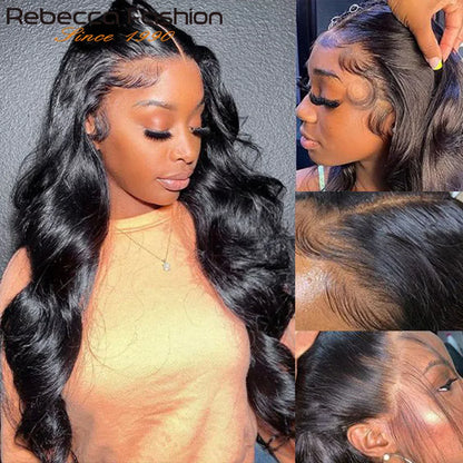 Gorgeous 180D Body Wave Lace Front Wig detailing luxurious Brazilian human hair, designed with transparent lace for an effortlessly chic appearance.