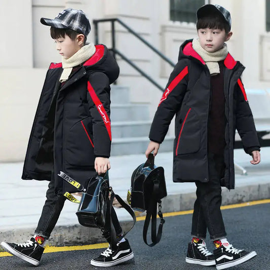Luxurious boys hooded camouflage down cotton jacket, a sophisticated winter windbreaker coat perfect for ages 5-12, showcasing exquisite craftsmanship and style.