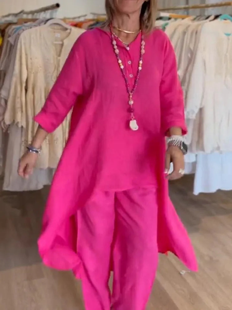 Elegant Pure Colour Casual Cotton Linen Suit for Women featuring a sophisticated V-neck and three quarter sleeves, perfect for office style.