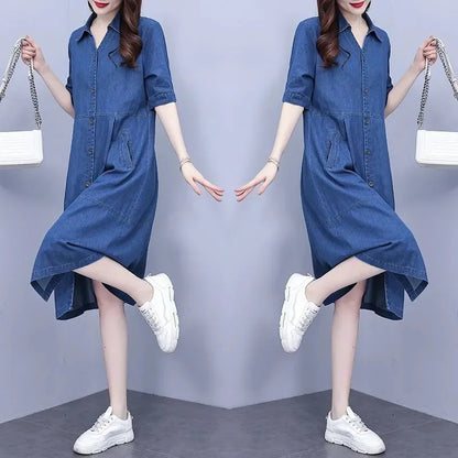 Close-up of the exquisite fabric detailing on the oversized 5XL casual short sleeve denim dress, highlighting its cotton blend material and functional pockets for enhanced luxury style.