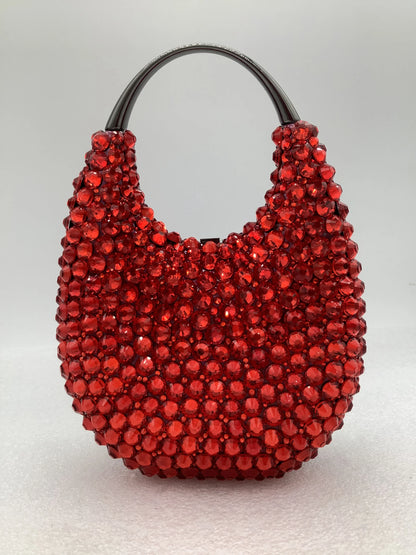 Elegant women's minaudiere evening clutch bag adorned with crystal diamonds, showcasing a luxurious metallic finish and secure hasp closure, perfect for evening parties.