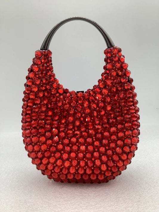 Elegant women's minaudiere evening clutch bag adorned with crystal diamonds, showcasing a luxurious metallic finish and secure hasp closure, perfect for evening parties.