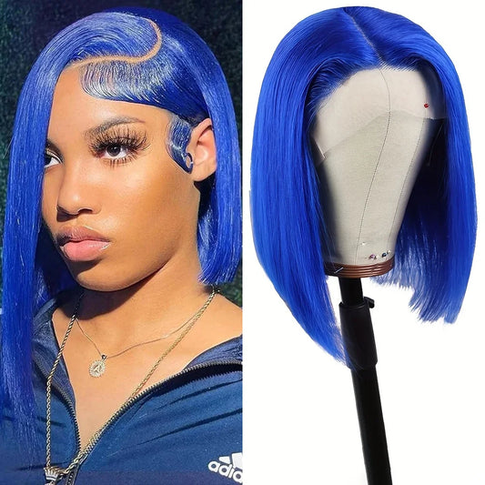 Luxurious 180 density navy blue Brazilian human hair straight bob wig with 13x4 HD lace frontal for a flawless, natural look.