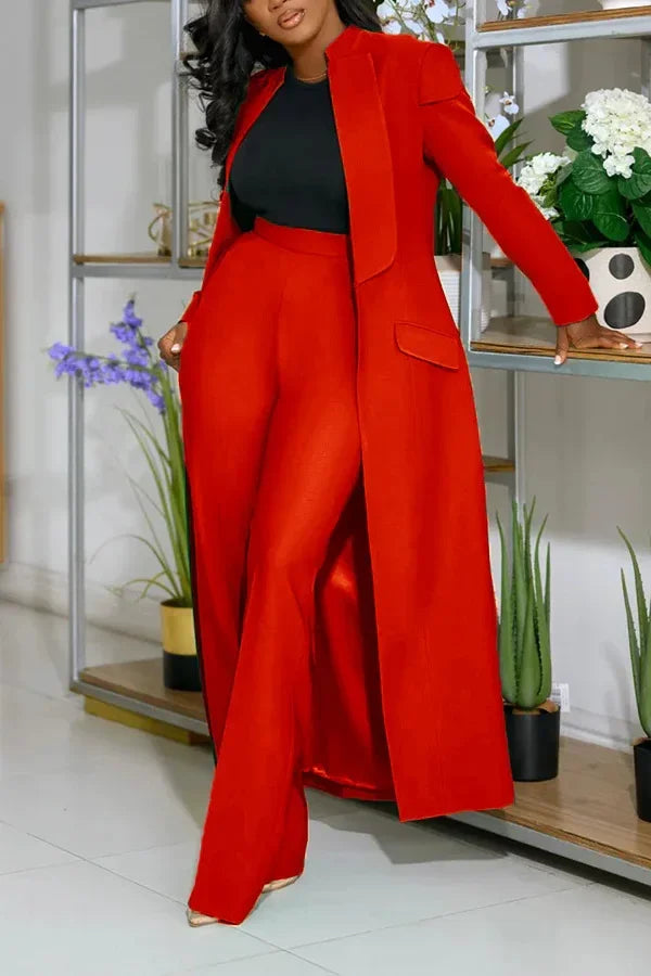 Elegant women's x-long blazer coat paired with wide leg pants, showcasing a sophisticated office lady style in solid colour, perfect for autumn/winter fashion.