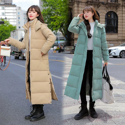 Elegant Women's Thick Cotton Long Hooded Parka Coat from Hot Trends Area, showcasing modern design and luxurious comfort for autumn and winter.