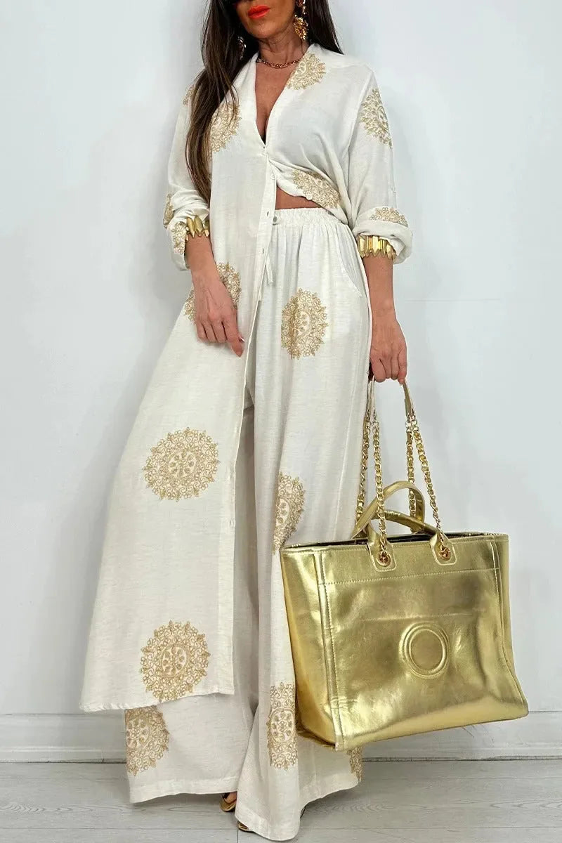 Full-length view of the elegant long robe set, showcasing its button closure and relaxed fit, perfect for middle-aged women.