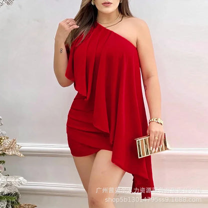 Luxury women's red one shoulder A-Line dress made from high stretch polyester, perfect for office and evening wear, featuring a mid-calf length and a diagonal collar for an elegant silhouette.