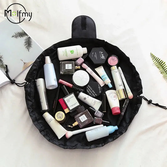 Elegant barrel-shaped nylon cosmetic organiser featuring a stylish drawstring closure, perfect for travel and everyday use.